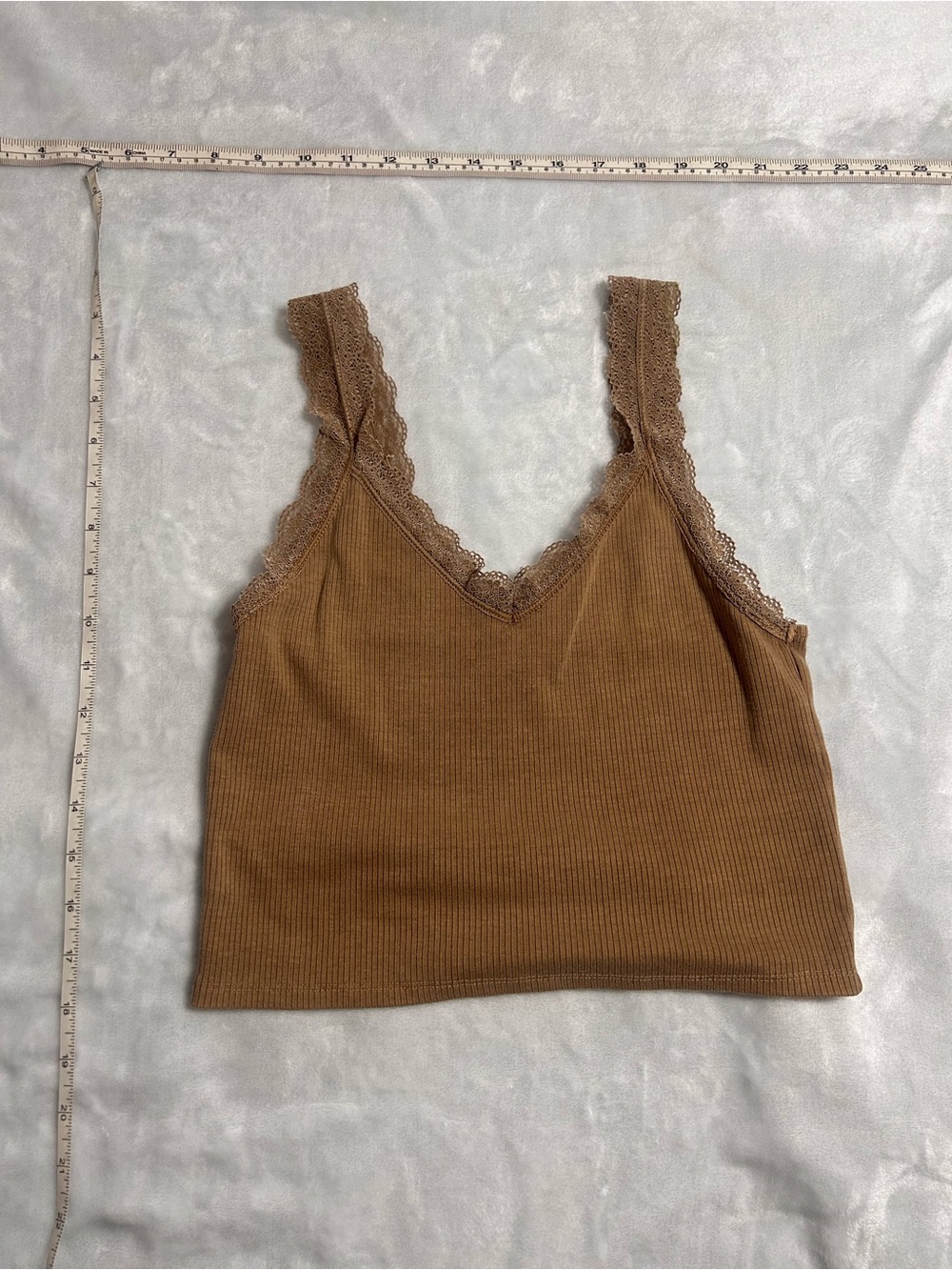 American Eagle Outfitters Ribbed Lace Trim Crop Top - Brown